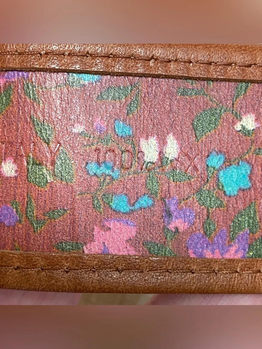 D&G Dolce & Gabbana Dark Brown Tan Floral Leather Belt with Brass Buckle Size 90
